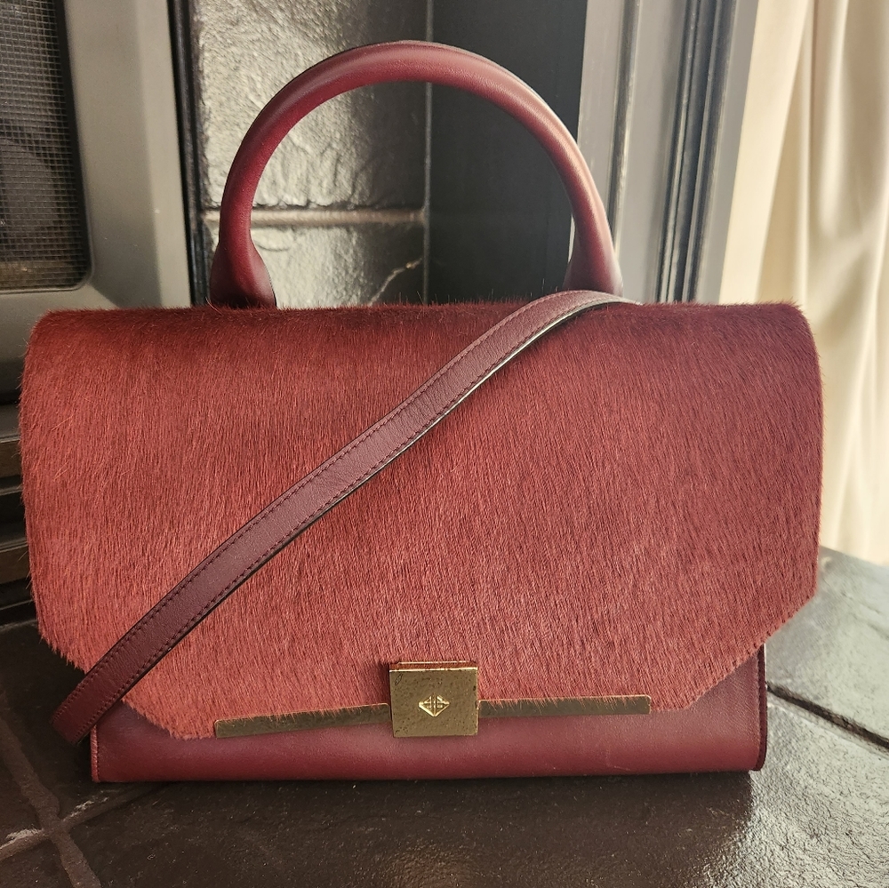 Antonio Melani Burgundy Leather Purse Shoulder Strap Calf hair flap Medium size